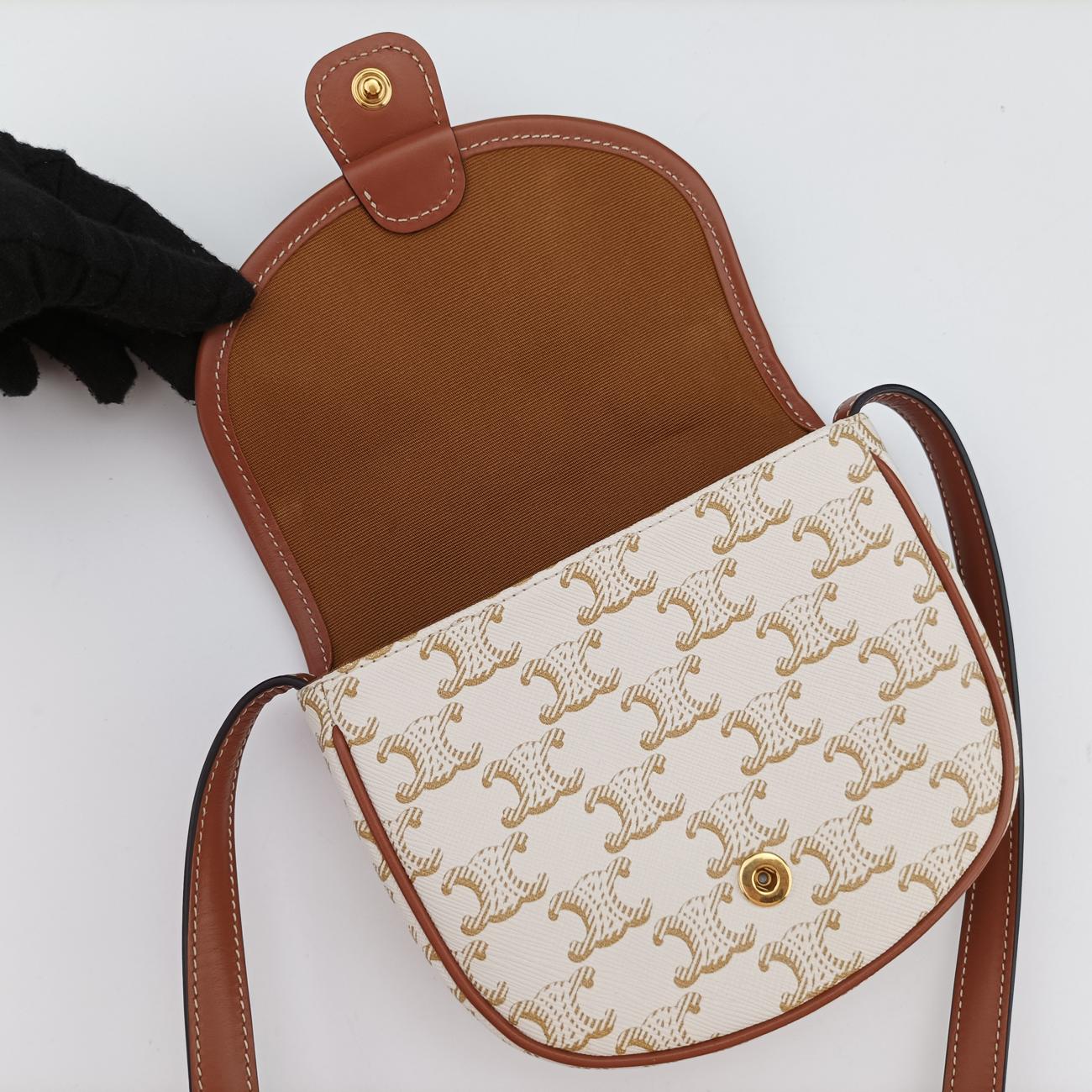 Pre-owned Celine Triomphe Mini Besace White×brown PVC coated canvas  shoulderbag | stylenewstar