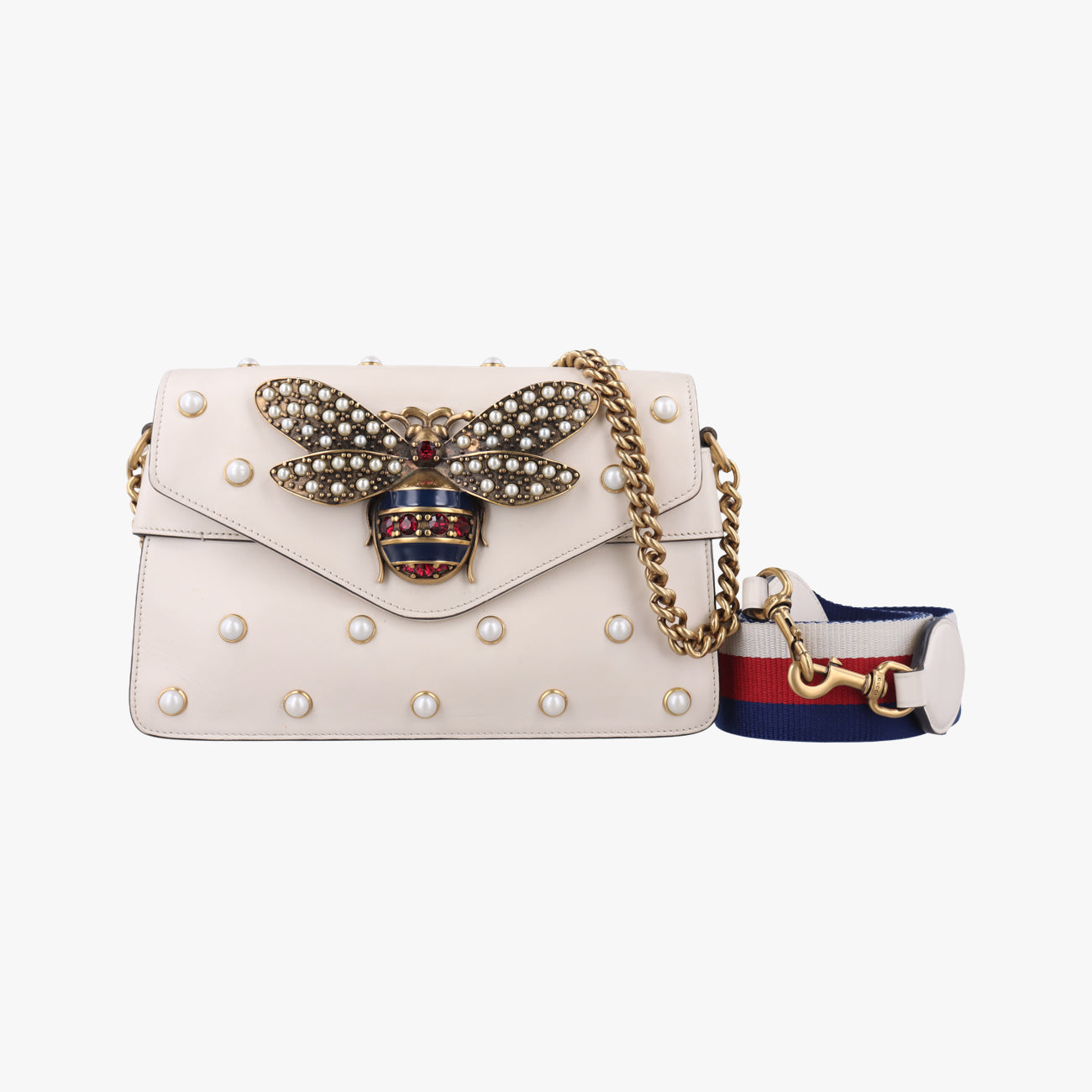 Pre-owned Gucci Broadway Pearl Bee White Leather 453778 shoulderbag | stylenewstar