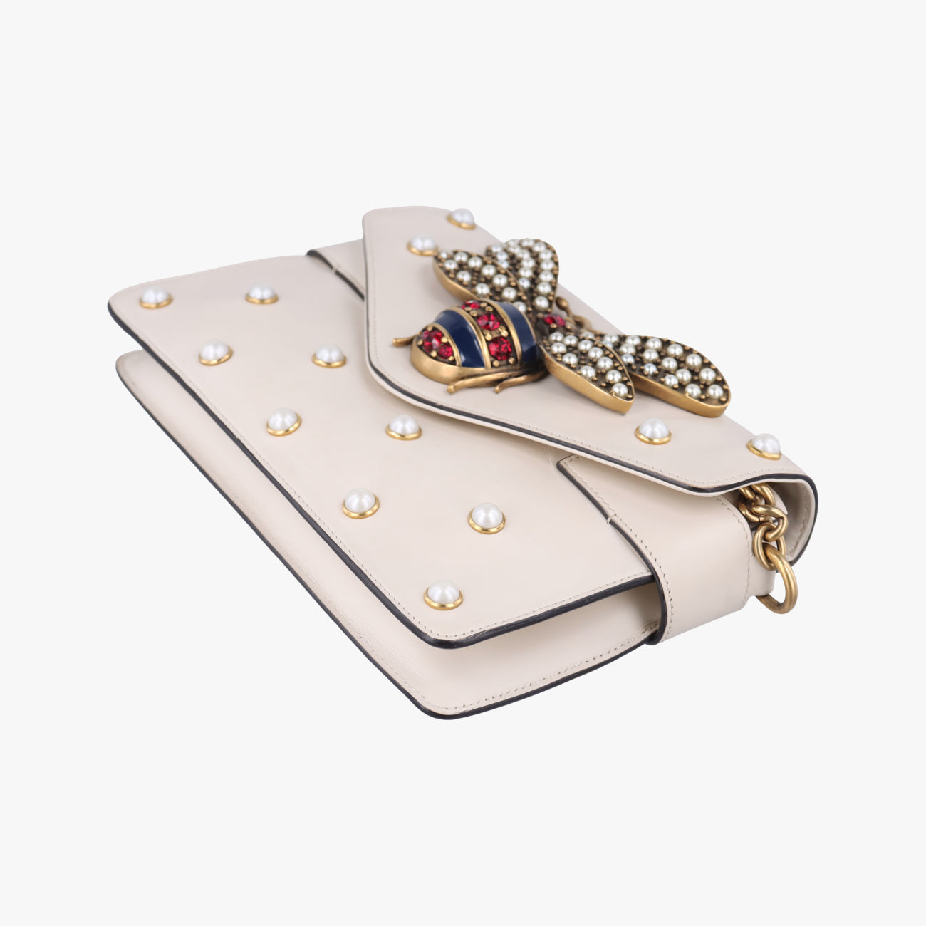 Pre-owned Gucci Broadway Pearl Bee White Leather 453778 shoulderbag | stylenewstar