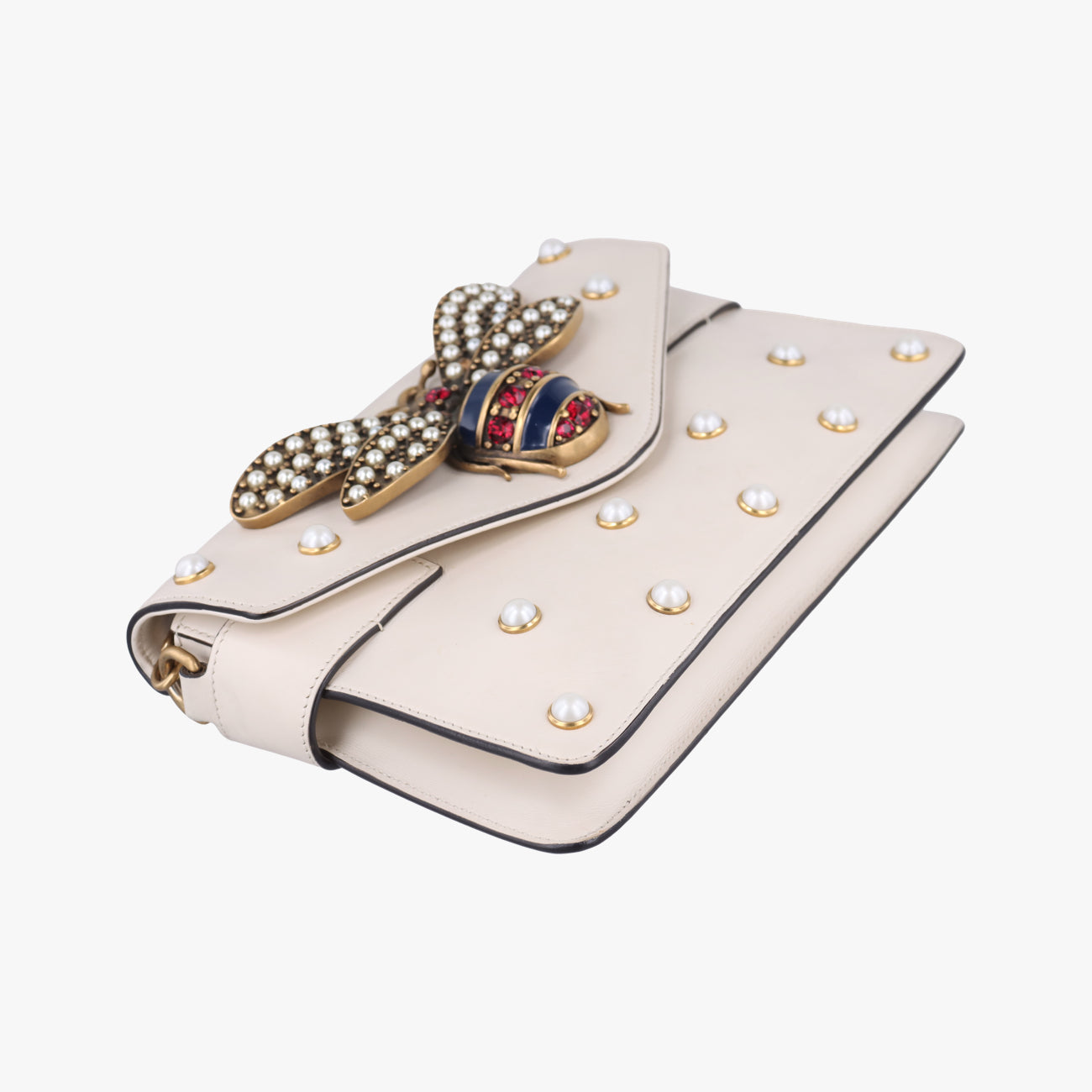 Pre-owned Gucci Broadway Pearl Bee White Leather 453778 shoulderbag | stylenewstar