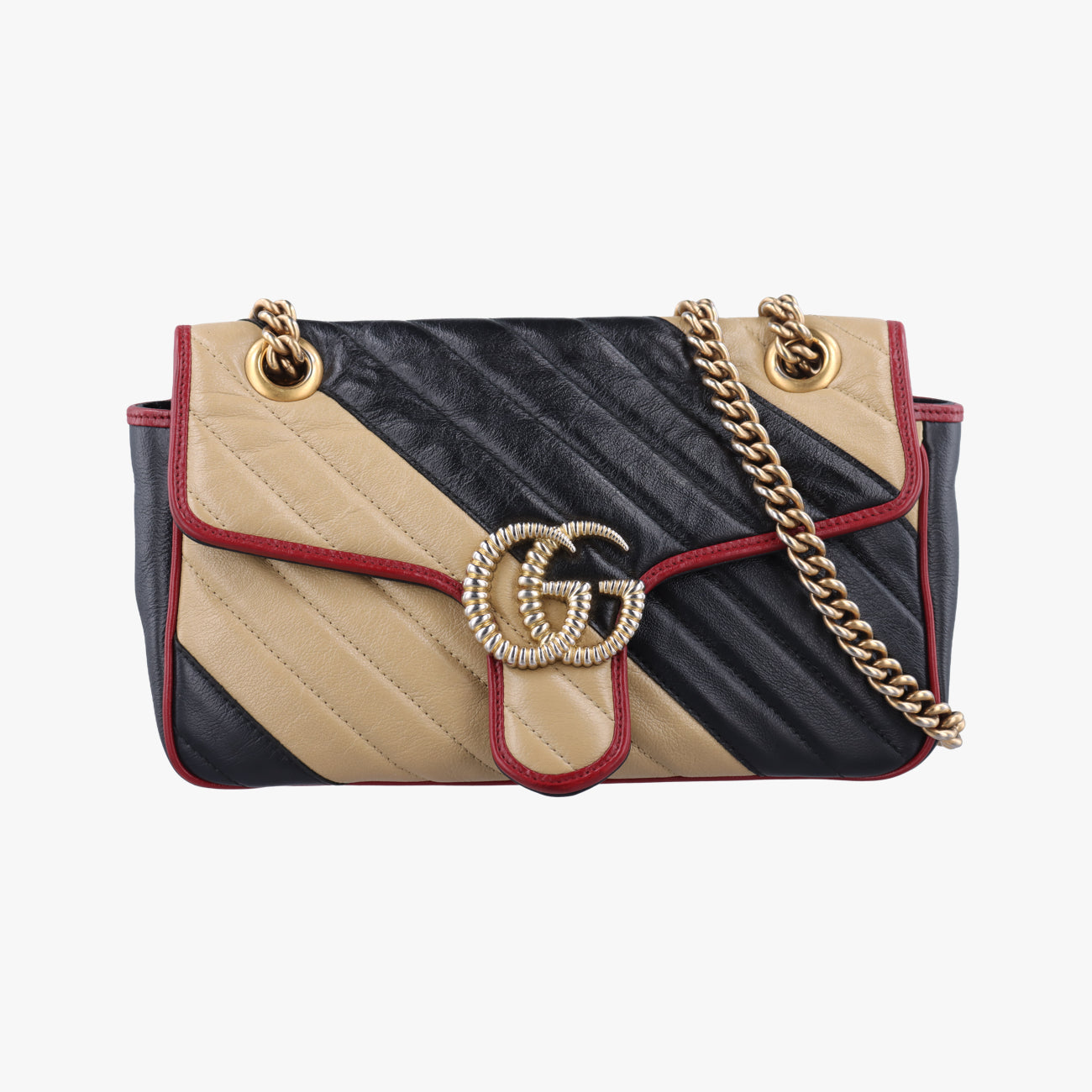 Pre-owned Gucci GG Marmont Black x Beige x Red Leather 443497 shoulderbag | stylenewstar