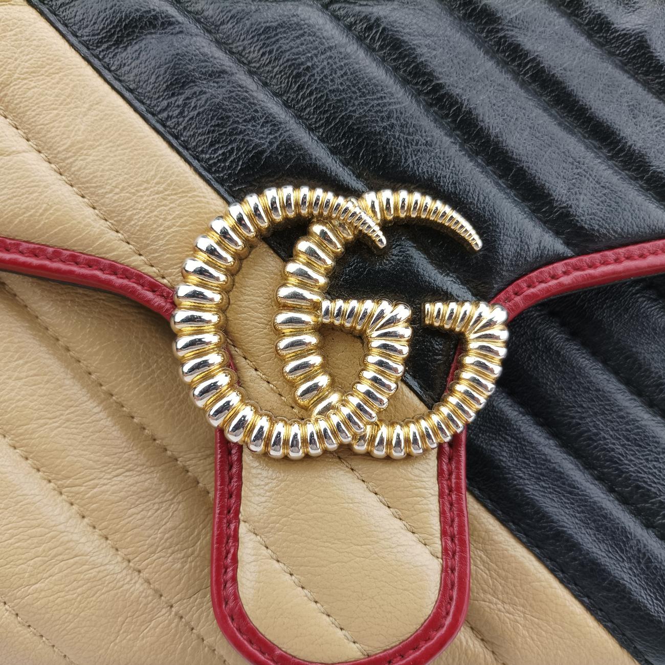Pre-owned Gucci GG Marmont Black x Beige x Red Leather 443497 shoulderbag | stylenewstar