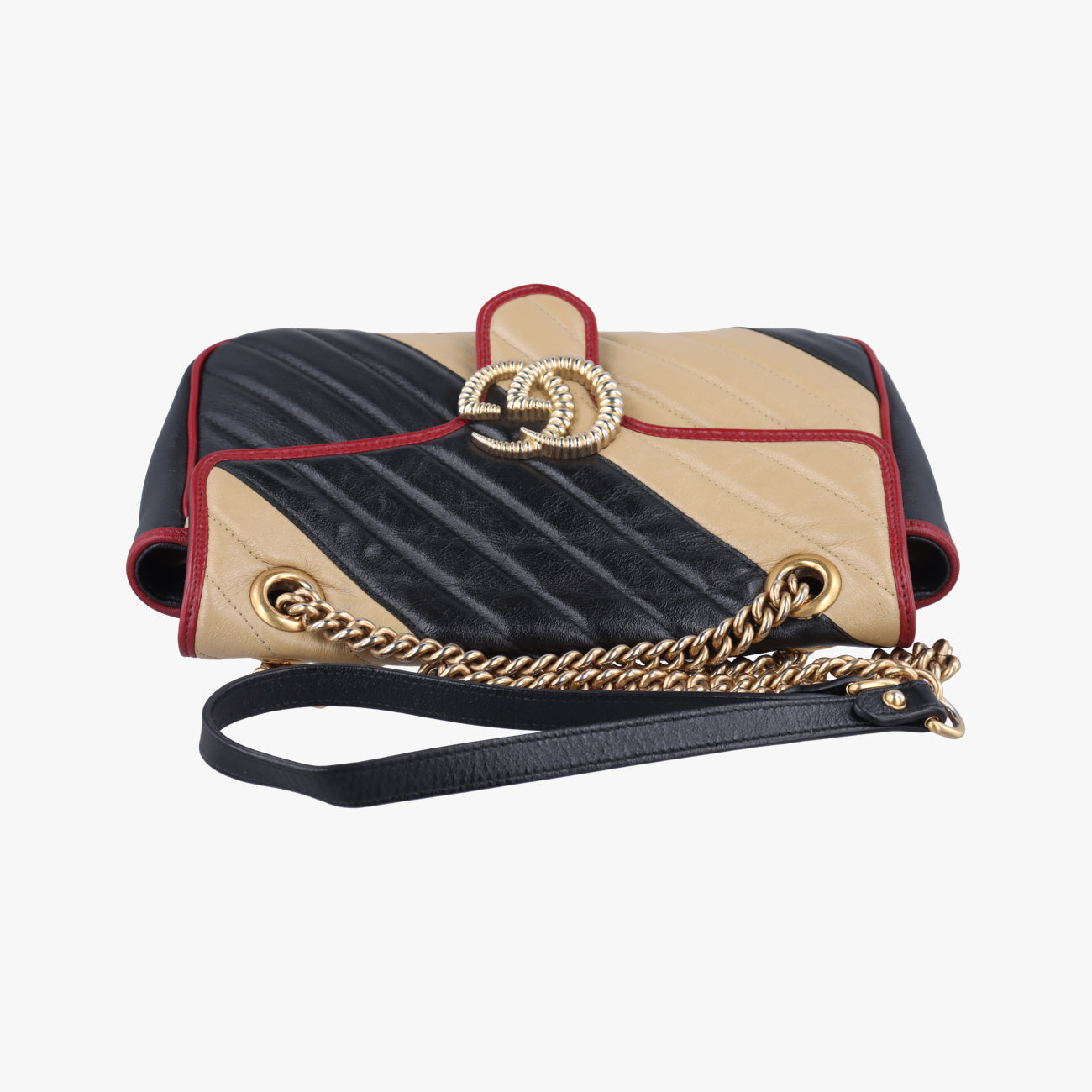 Pre-owned Gucci GG Marmont Black x Beige x Red Leather 443497 shoulderbag | stylenewstar