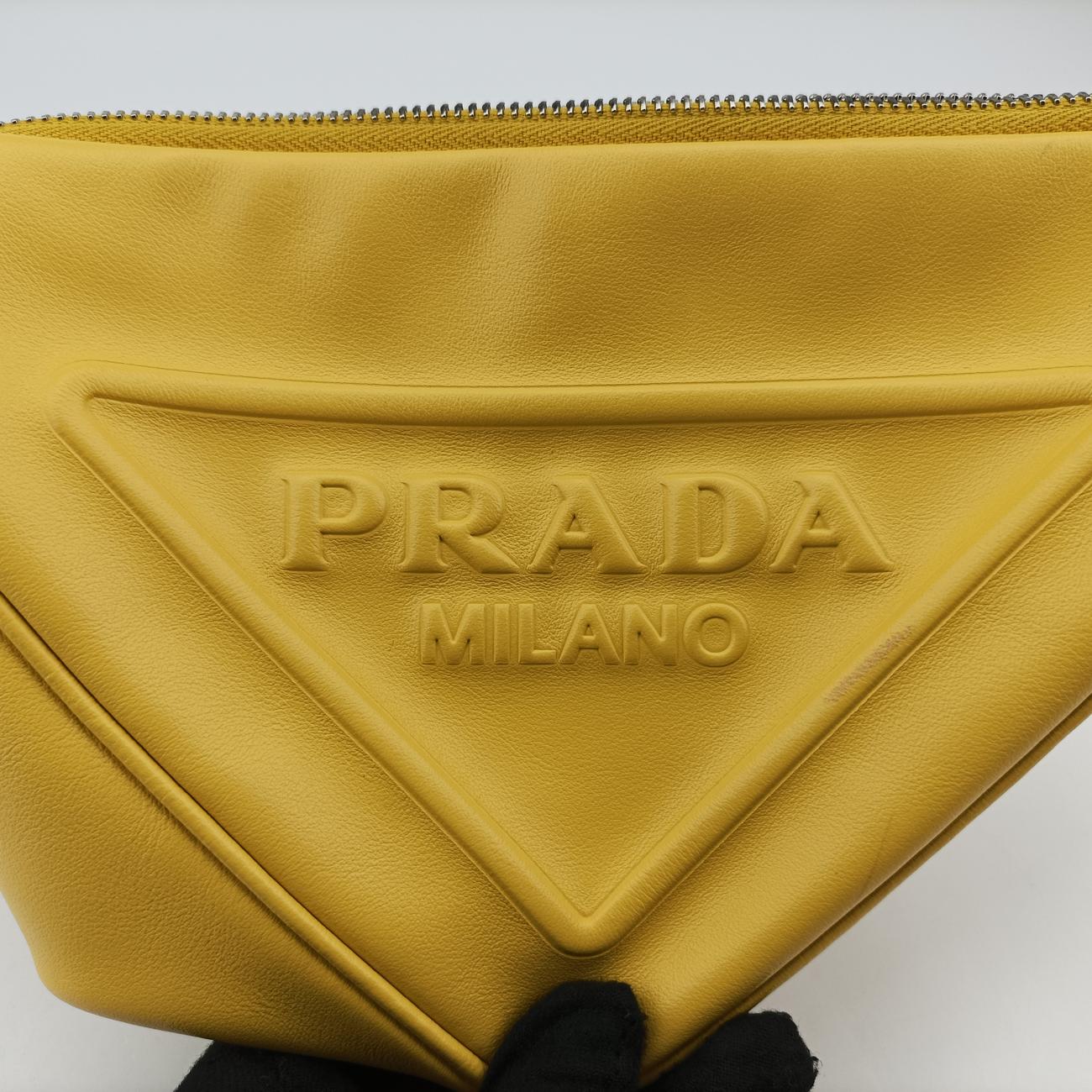 Pre-owned Prada triangle embossed logo Yellow Leather 1BH190 shoulderbag | stylenewstar