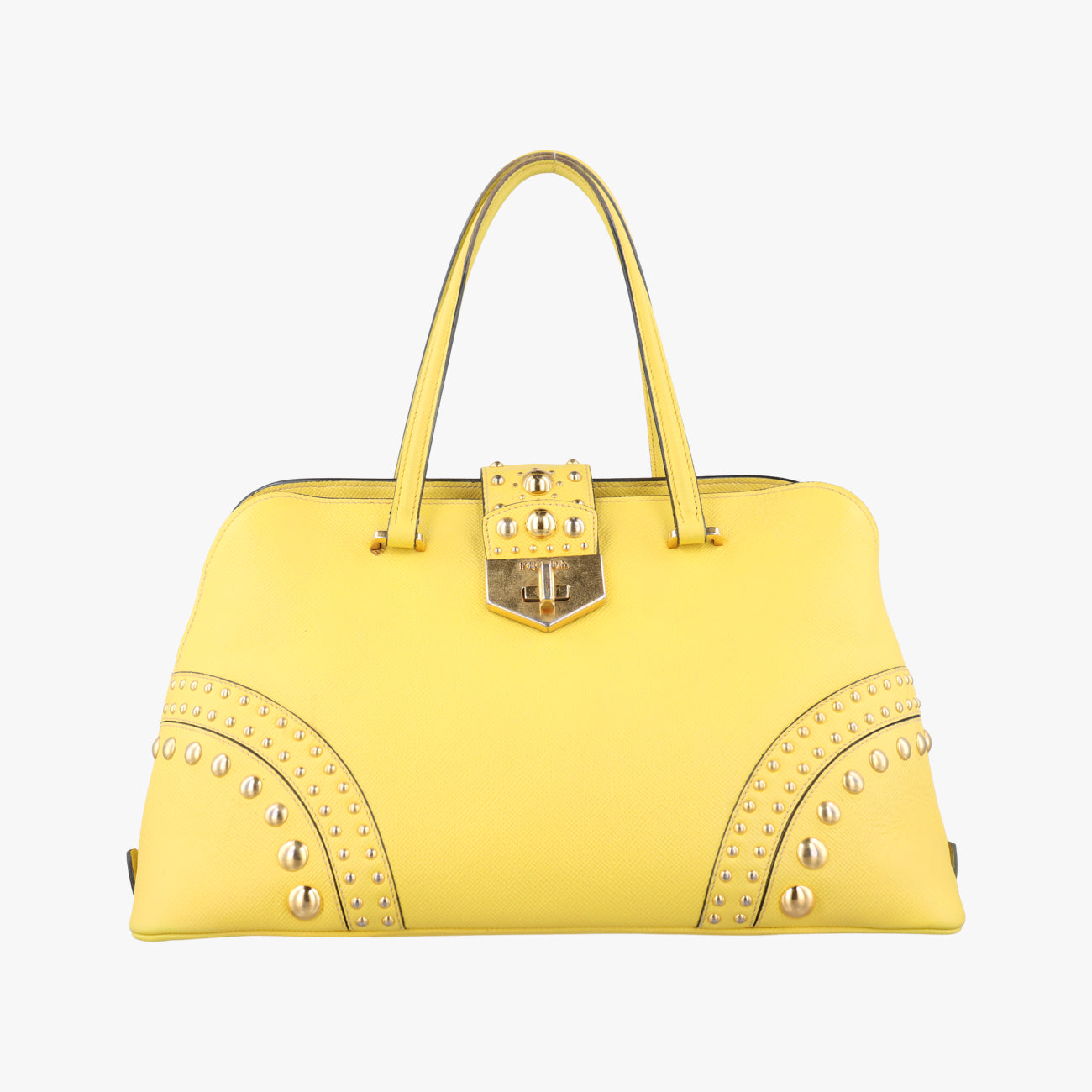 Pre-owned Prada Cuir Studded Open Promenade Yellow Saffiano Leather BN2753 handbag | stylenewstar