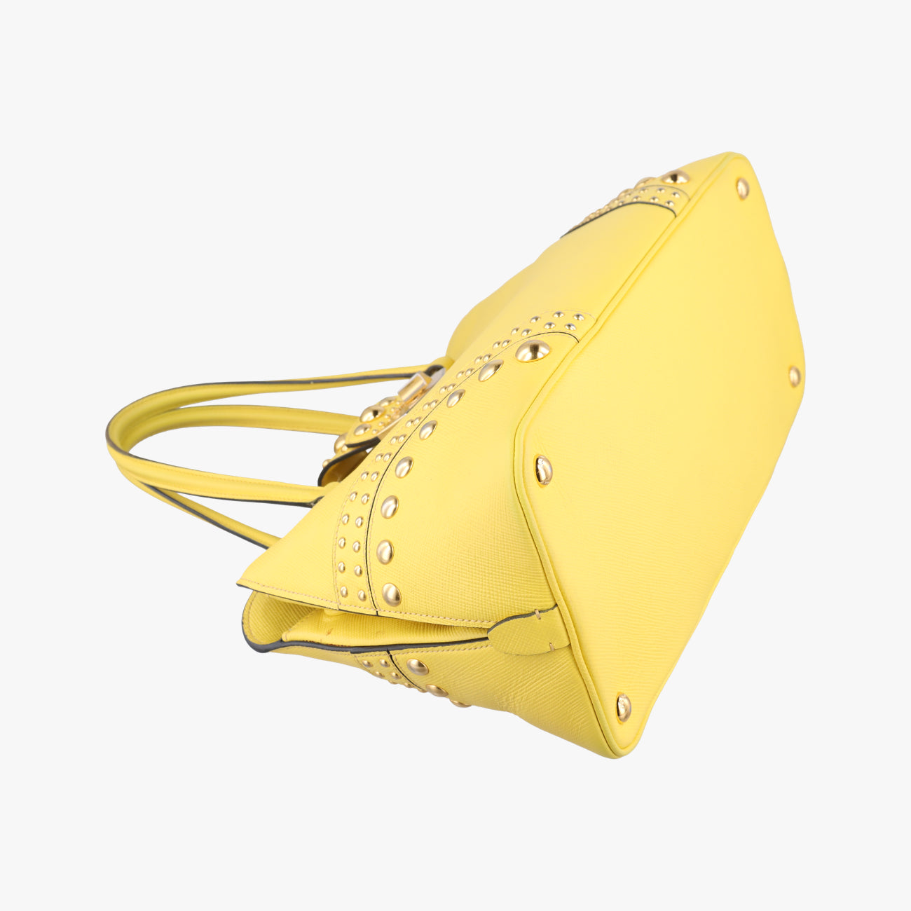 Pre-owned Prada Cuir Studded Open Promenade Yellow Saffiano Leather BN2753 handbag | stylenewstar