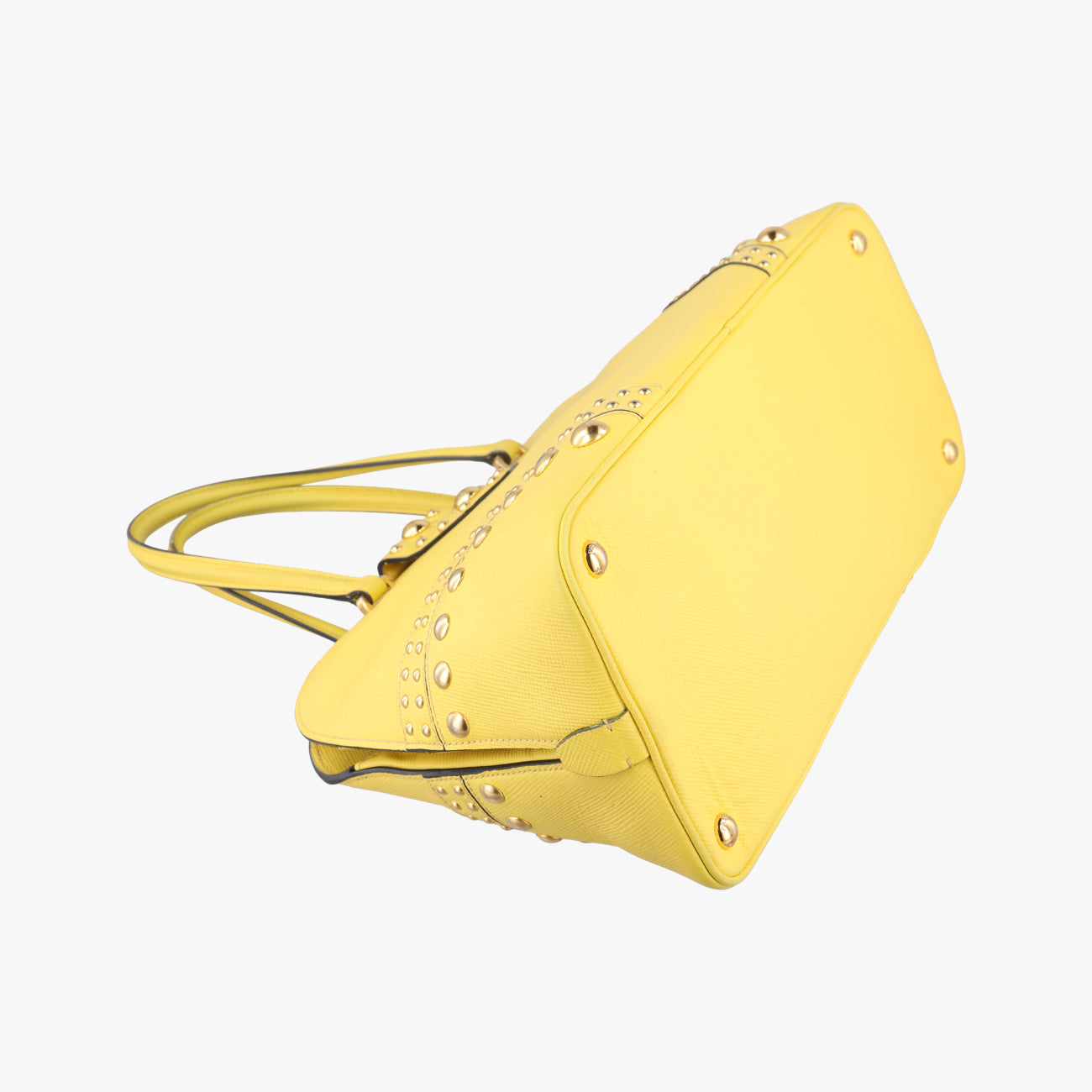 Pre-owned Prada Cuir Studded Open Promenade Yellow Saffiano Leather BN2753 handbag | stylenewstar