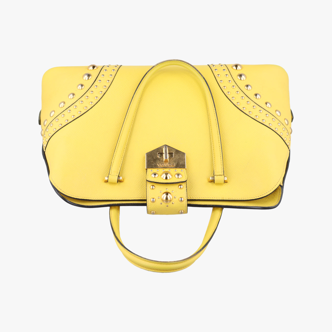 Pre-owned Prada Cuir Studded Open Promenade Yellow Saffiano Leather BN2753 handbag | stylenewstar