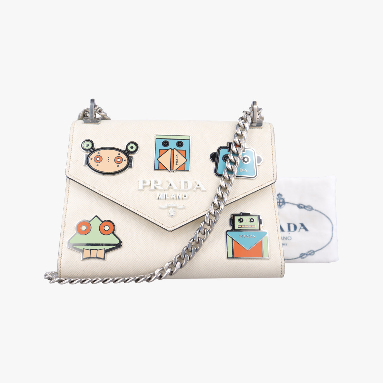 Pre-owned Prada Monochrome Robot White SAFFIANO Leather 1BD127 shoulderbag | stylenewstar