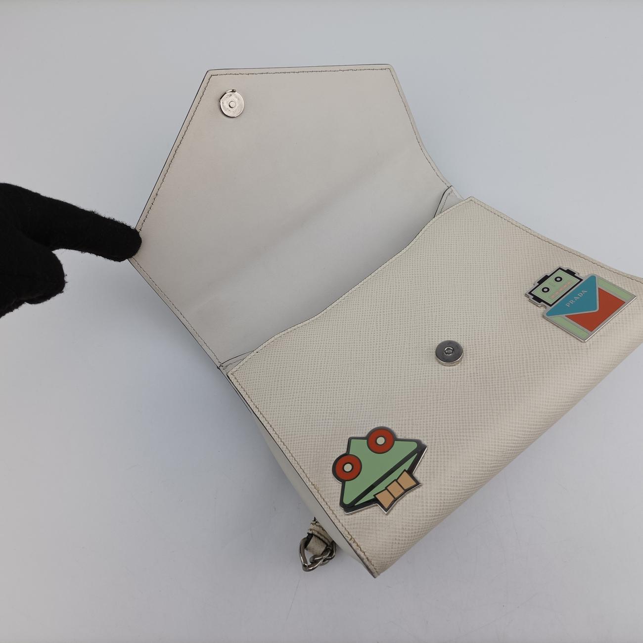 Pre-owned Prada Monochrome Robot White SAFFIANO Leather 1BD127 shoulderbag | stylenewstar