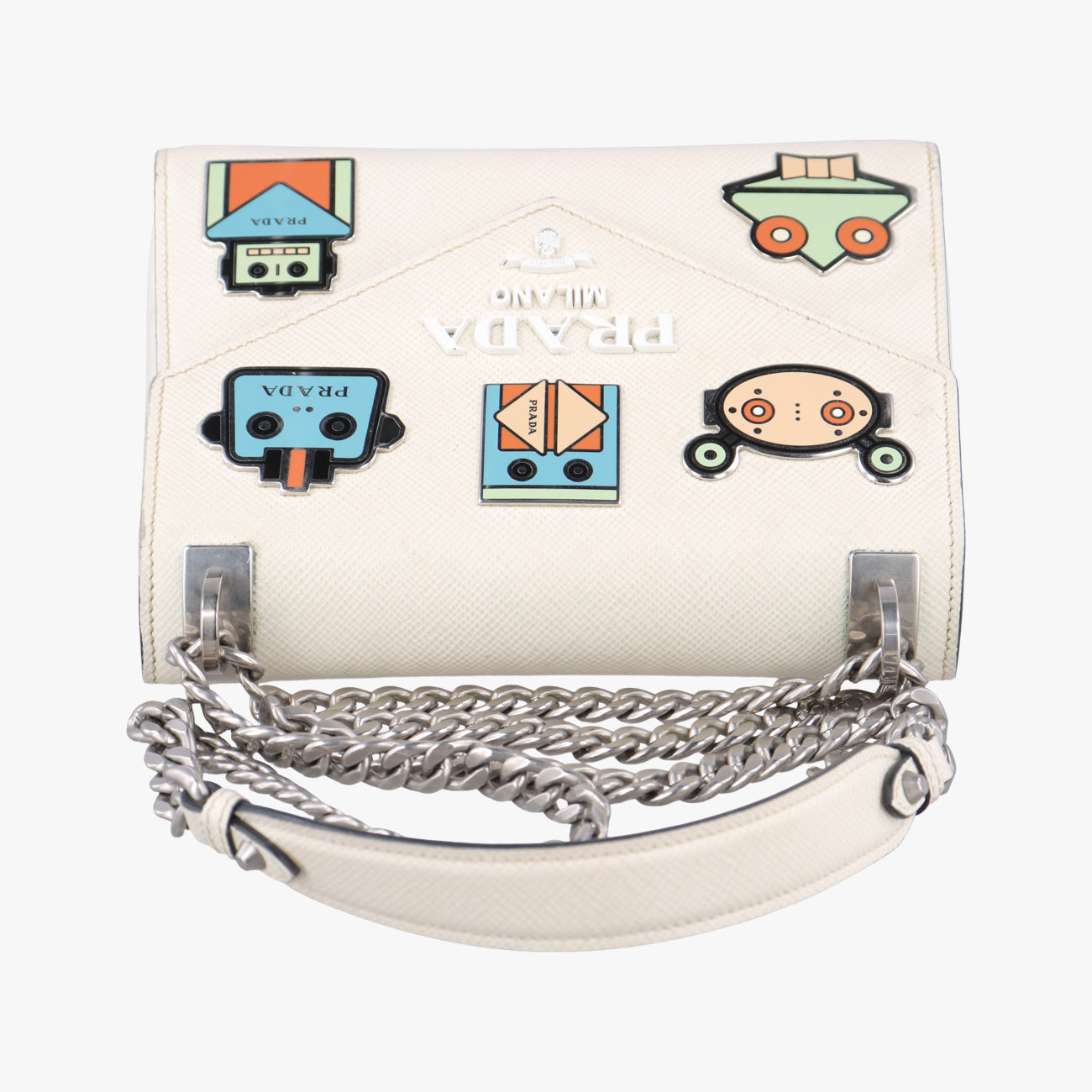 Pre-owned Prada Monochrome Robot White SAFFIANO Leather 1BD127 shoulderbag | stylenewstar