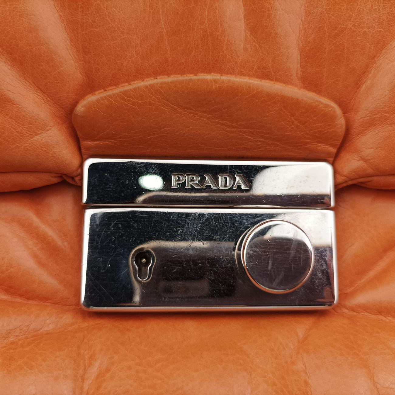 Pre-owned Prada Nappa Bomber Sound Chain Flap Orange lambskin  shoulderbag | stylenewstar