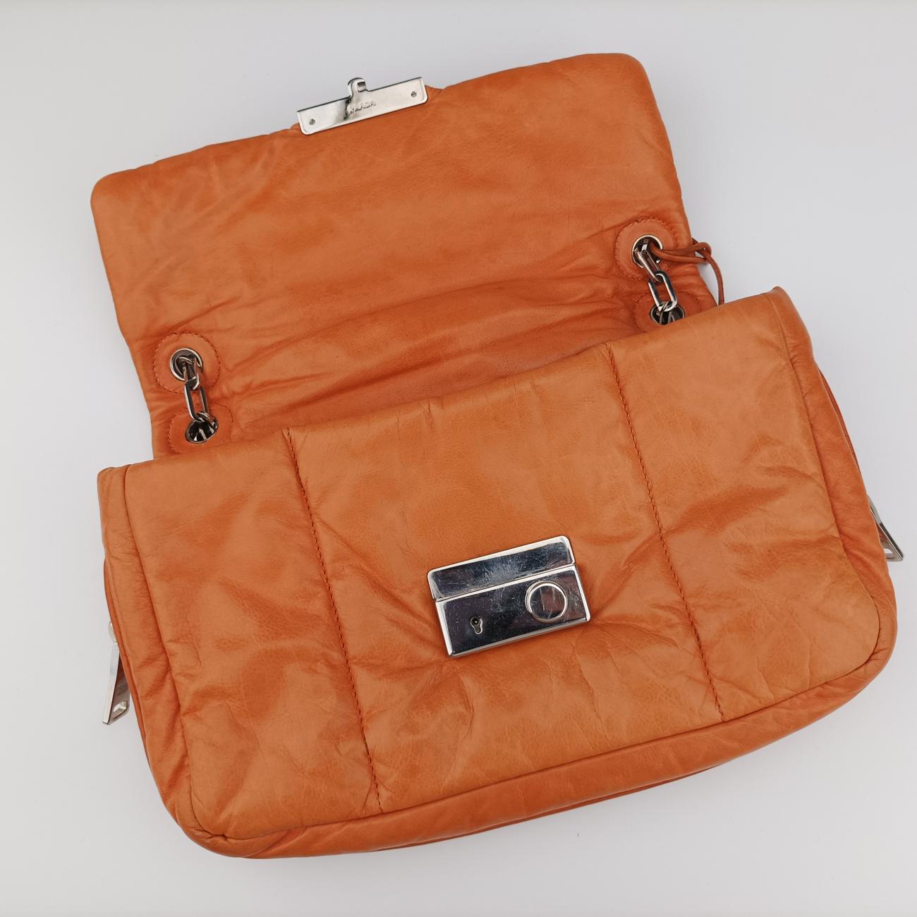 Pre-owned Prada Nappa Bomber Sound Chain Flap Orange lambskin  shoulderbag | stylenewstar
