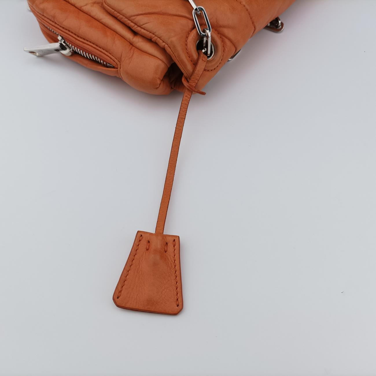 Pre-owned Prada Nappa Bomber Sound Chain Flap Orange lambskin  shoulderbag | stylenewstar