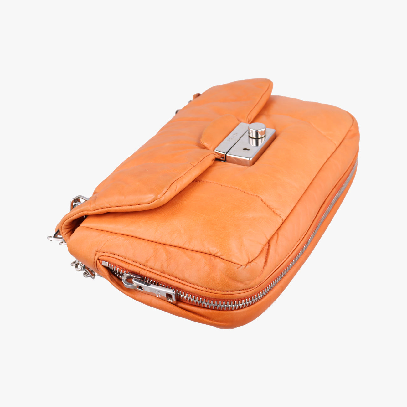 Pre-owned Prada Nappa Bomber Sound Chain Flap Orange lambskin  shoulderbag | stylenewstar