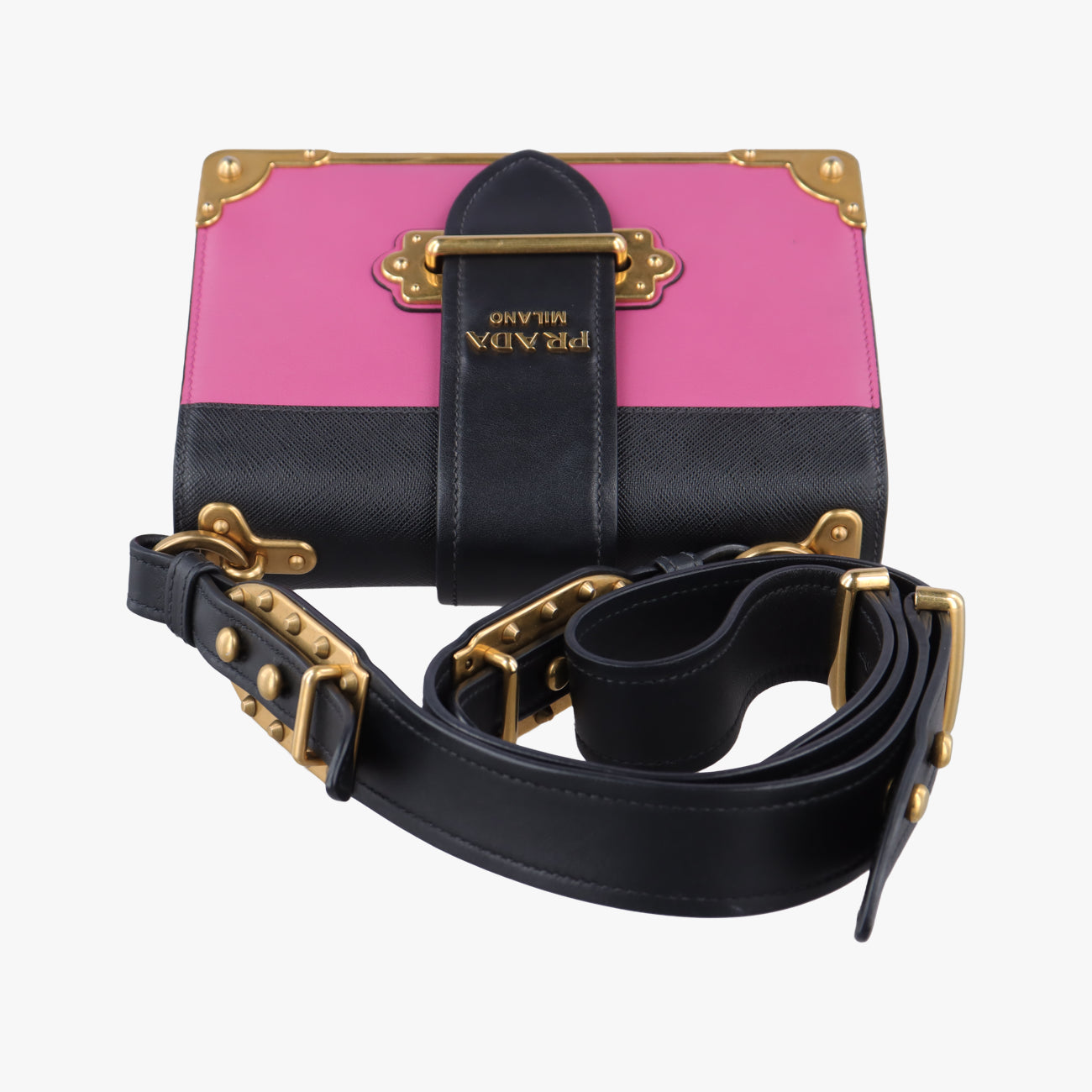 Pre-owned Prada Cahier Pink×Black Leather 1BD045 shoulderbag | stylenewstar