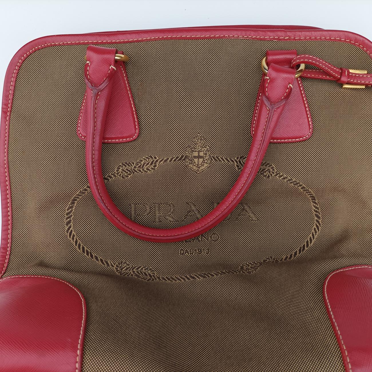 Secondhand Prada Logo Jacquard Beige×red Canvas × SAFFIANO Leather BN2254 shoulderbag | stylenewstar