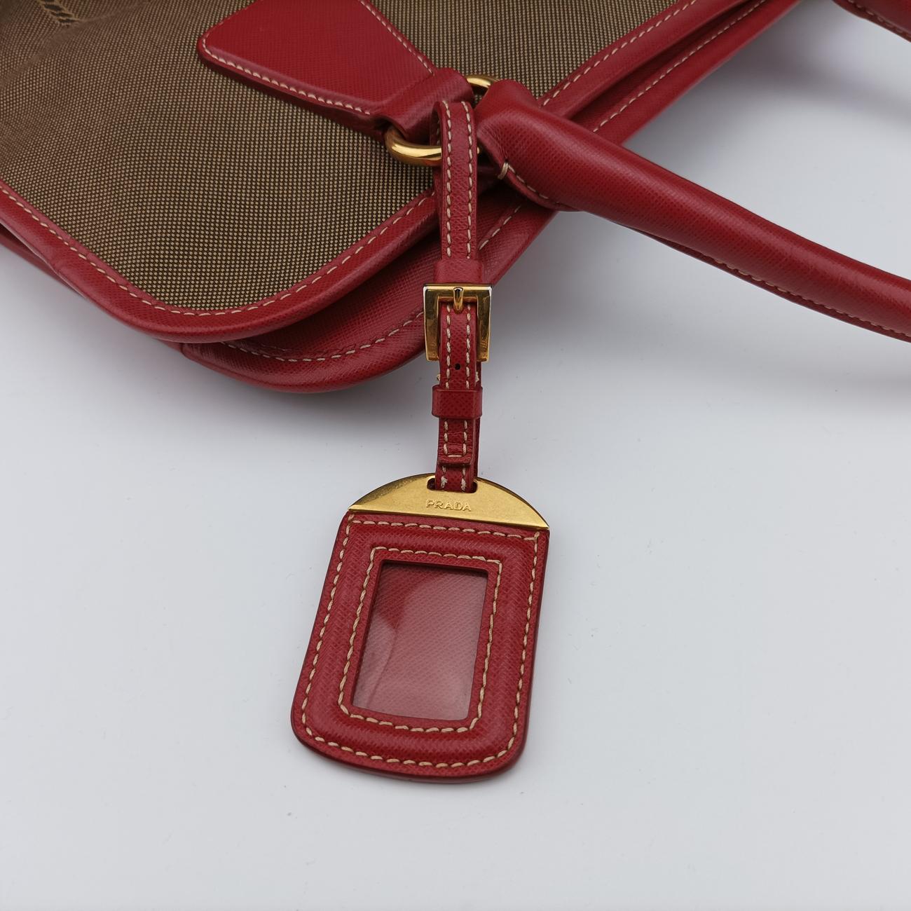 Secondhand Prada Logo Jacquard Beige×red Canvas × SAFFIANO Leather BN2254 shoulderbag | stylenewstar