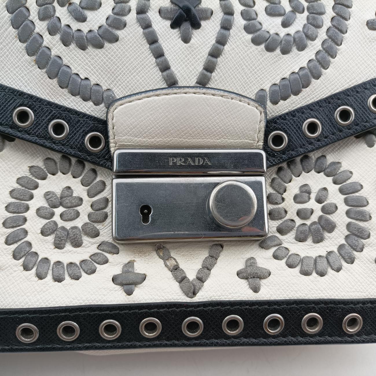 Secondhand Prada Embroidered Sound Black x White x Gray SAFFIANO Leather  shoulderbag | stylenewstar