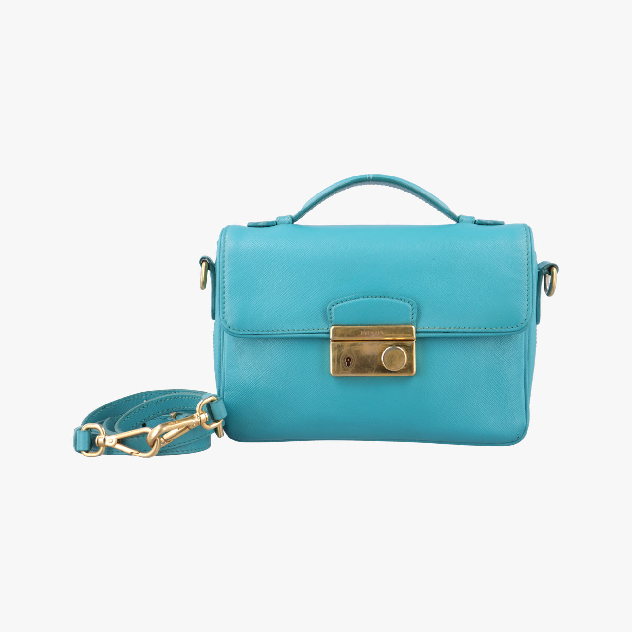 Vintage Prada lock Fuoco Sound Top Handle Blue SAFFIANO Leather BT0963 shoulderbag | stylenewstar