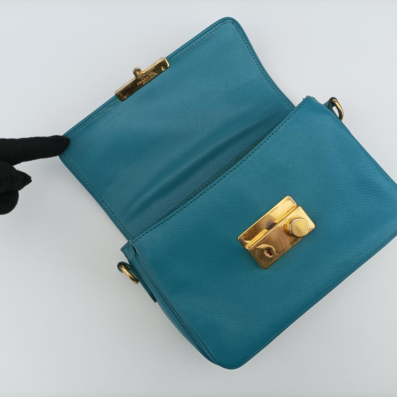 Vintage Prada lock Fuoco Sound Top Handle Blue SAFFIANO Leather BT0963 shoulderbag | stylenewstar