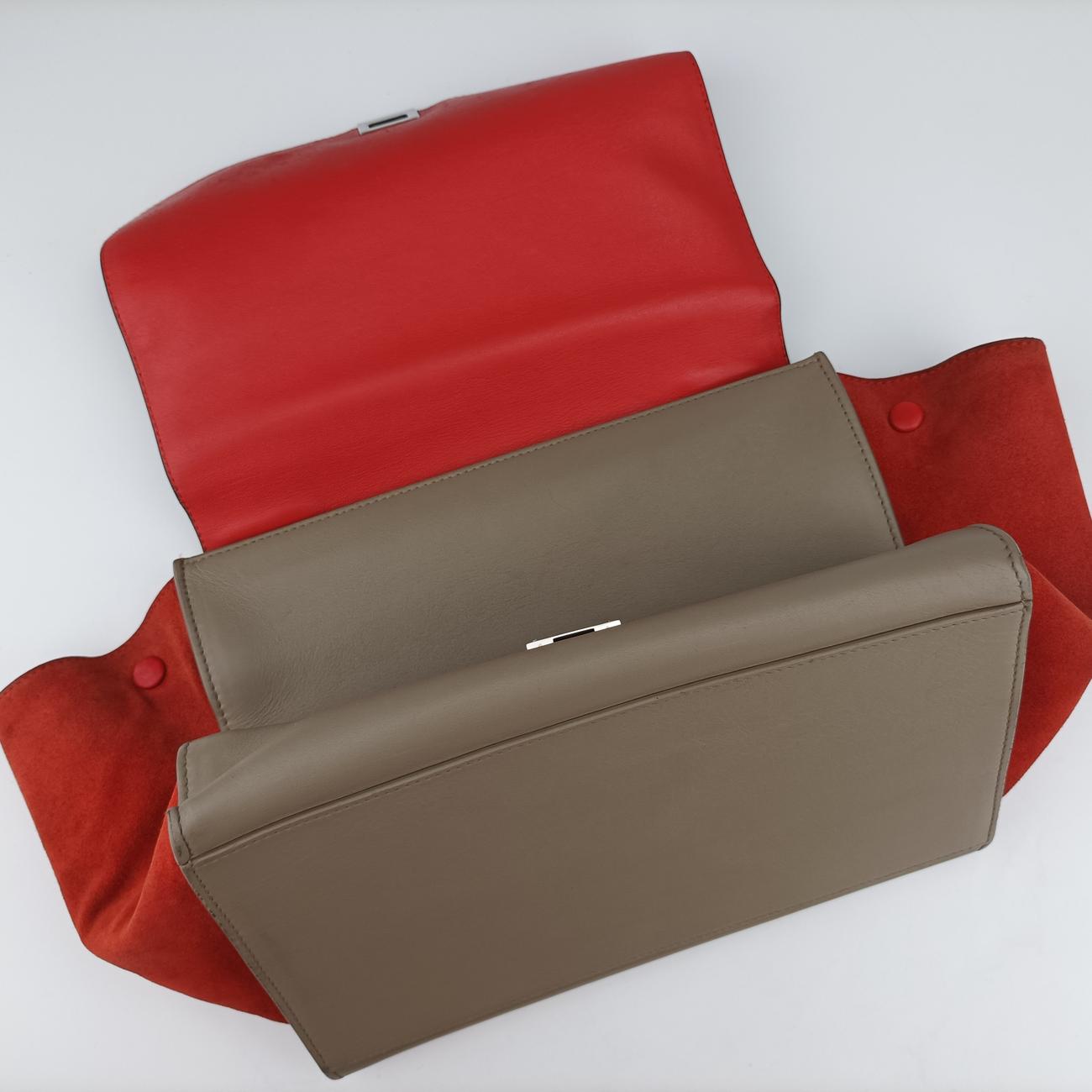 Pre-owned Celine Trapèze Beige × Black × Red Suede × leather  shoulderbag | stylenewstar