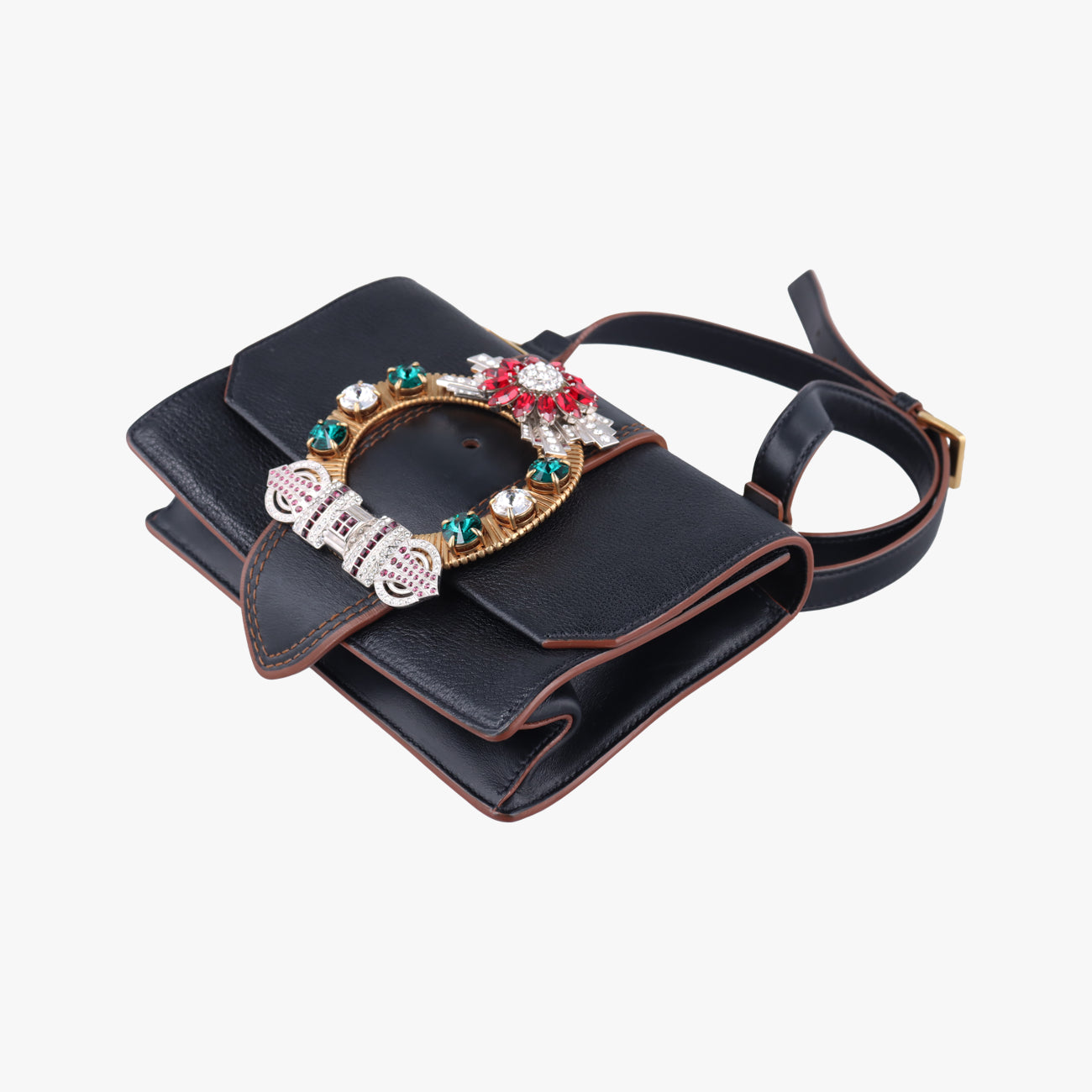 Pre-owned Miu Miu Madras Lady Buckle Flap Black×multicolor Leather  shoulderbag | stylenewstar