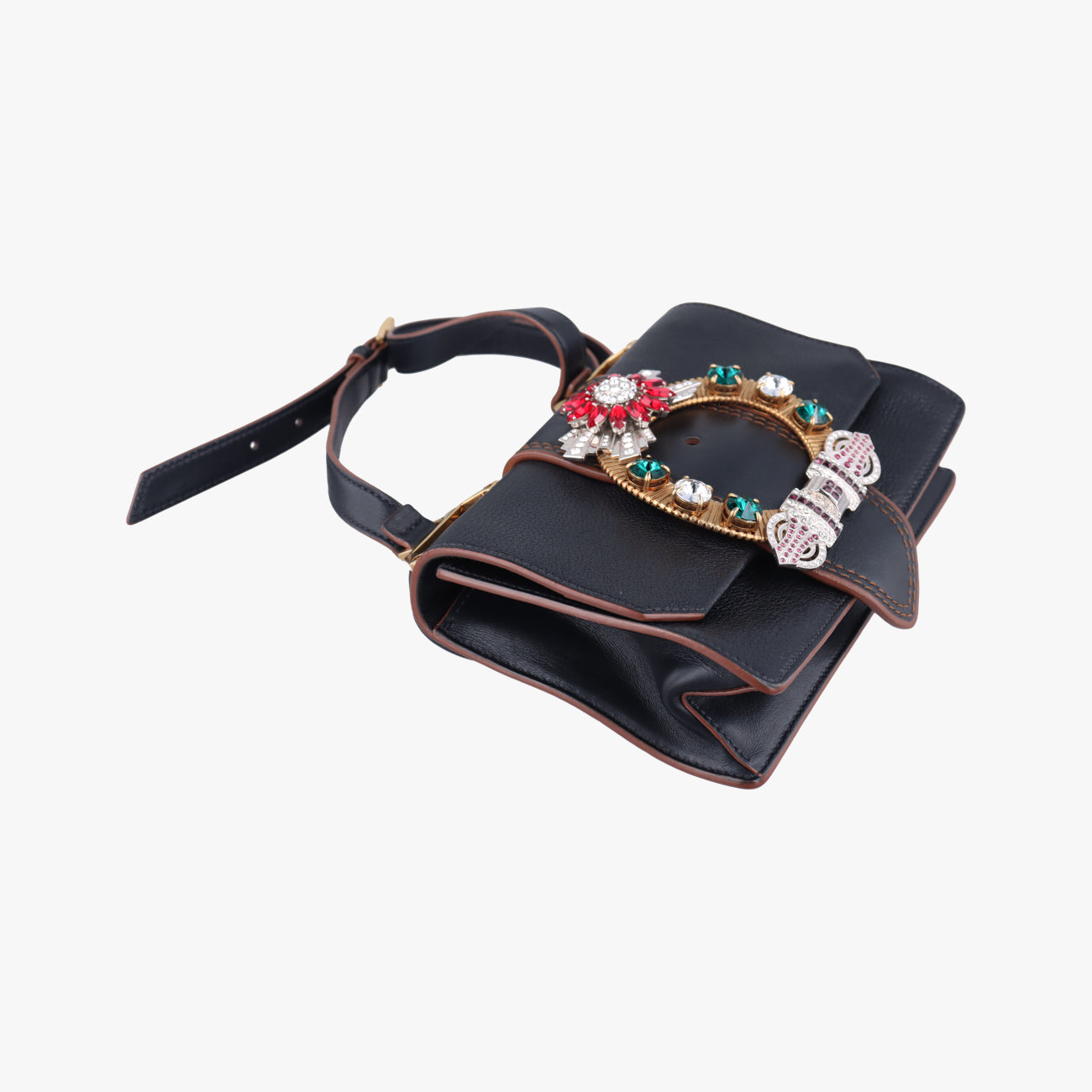 Pre-owned Miu Miu Madras Lady Buckle Flap Black×multicolor Leather  shoulderbag | stylenewstar