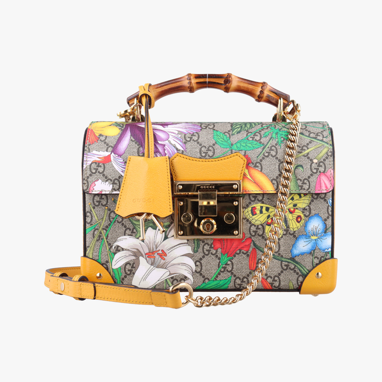 Pre-owned Gucci GG flora Padlock Bamboo Beige×Yellow×Multicolour PVC coated canvas 603221 shoulderbag | stylenewstar