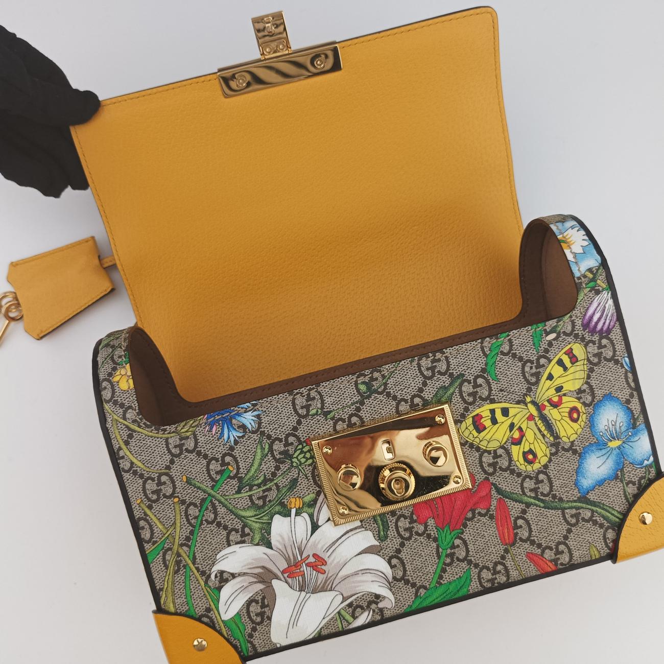Pre-owned Gucci GG flora Padlock Bamboo Beige×Yellow×Multicolour PVC coated canvas 603221 shoulderbag | stylenewstar