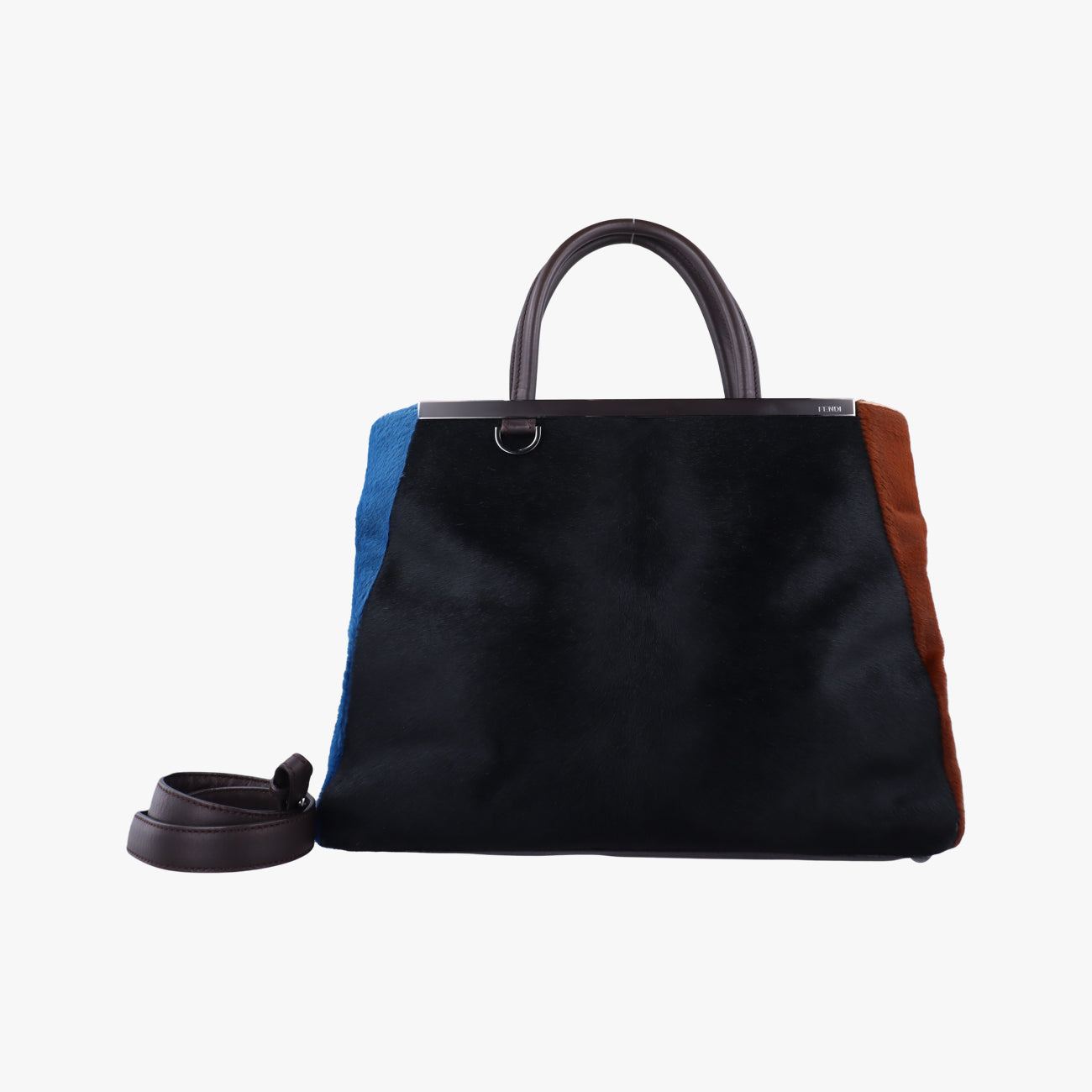 Pre-owned Fendi 2 JOURS Black×Blue×Brown ponyhair 8BH250 shoulderbag | stylenewstar