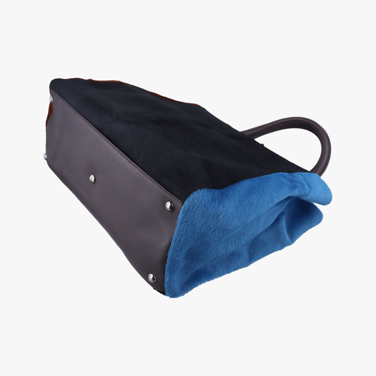 Pre-owned Fendi 2 JOURS Black×Blue×Brown ponyhair 8BH250 shoulderbag | stylenewstar