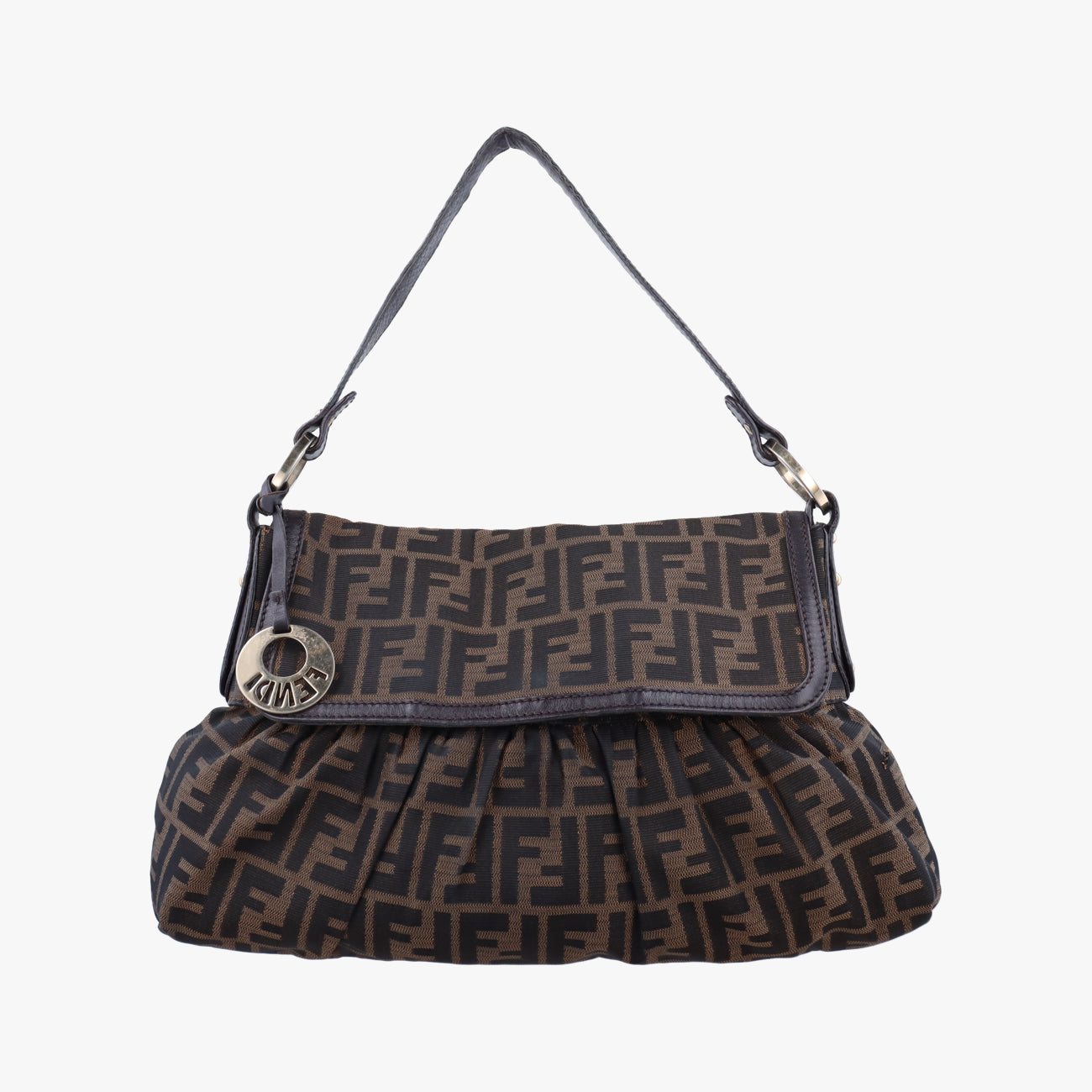 Pre-owned Fendi Chef Perforated Charm Zucca Print Brown PVC coated canvas 8BR436 shoulderbag | stylenewstar