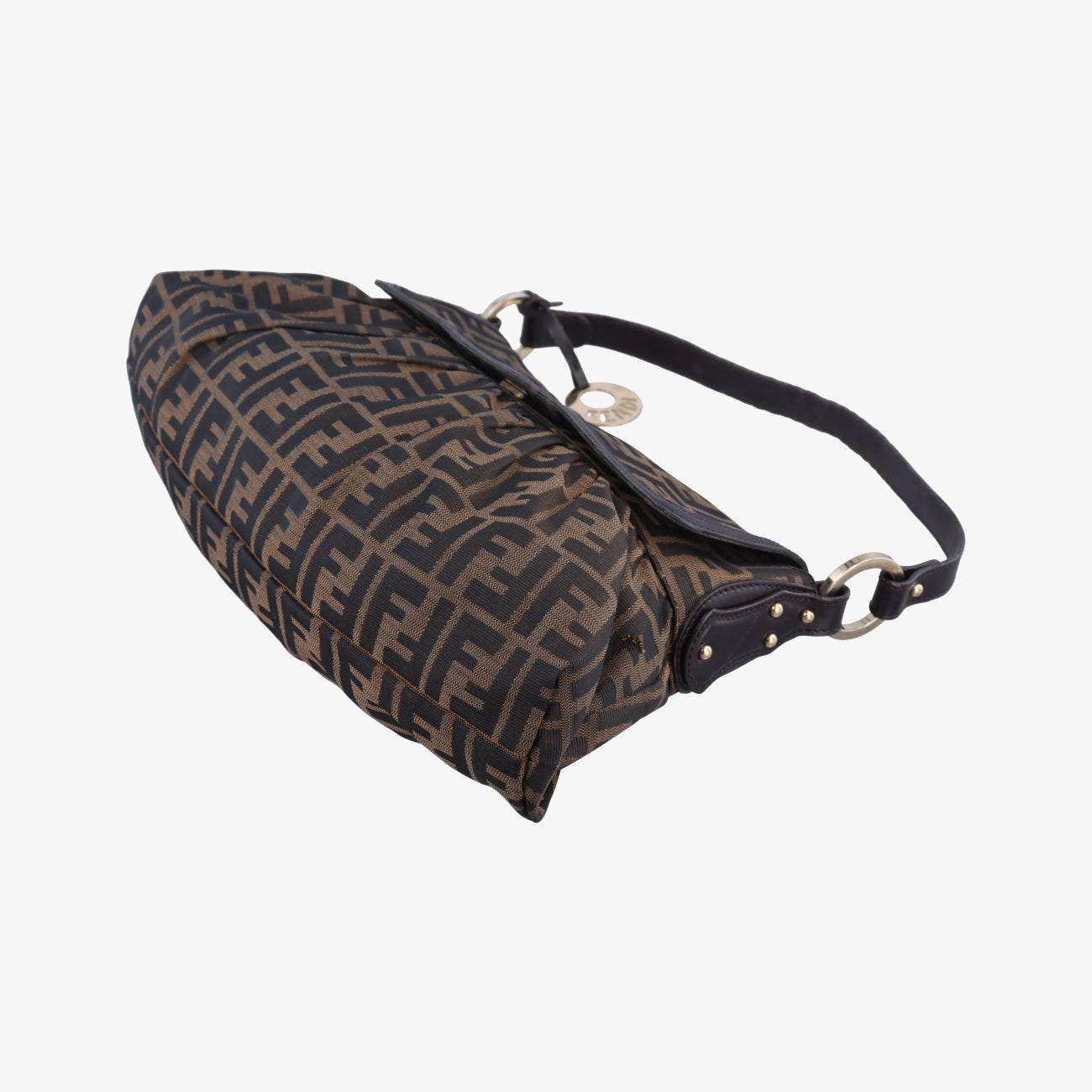 Pre-owned Fendi Chef Perforated Charm Zucca Print Brown PVC coated canvas 8BR436 shoulderbag | stylenewstar