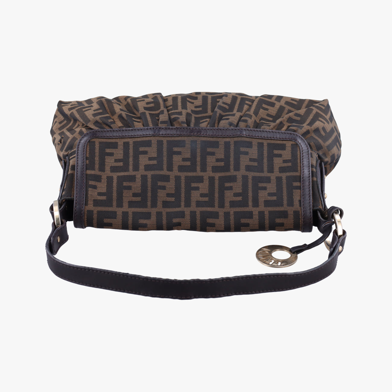Pre-owned Fendi Chef Perforated Charm Zucca Print Brown PVC coated canvas 8BR436 shoulderbag | stylenewstar