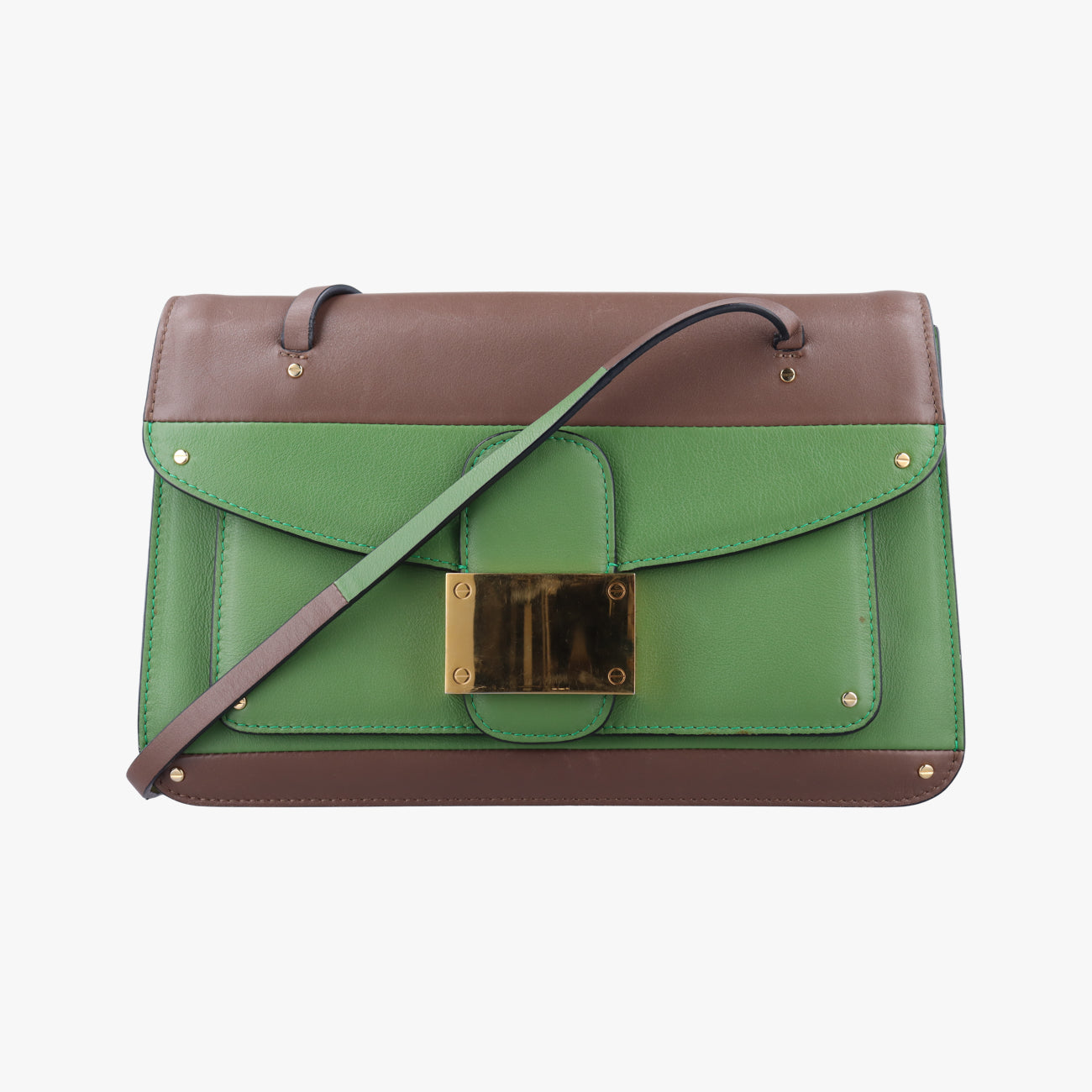 Pre-owned Valentino Rivet colorblock Green×grey Leather  shoulderbag | stylenewstar