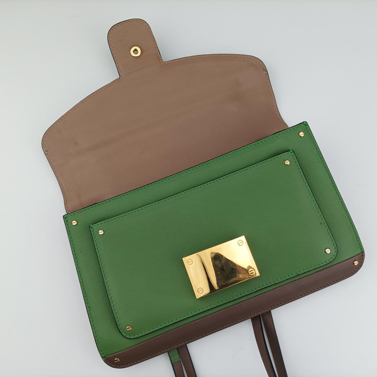 Pre-owned Valentino Rivet colorblock Green×grey Leather  shoulderbag | stylenewstar