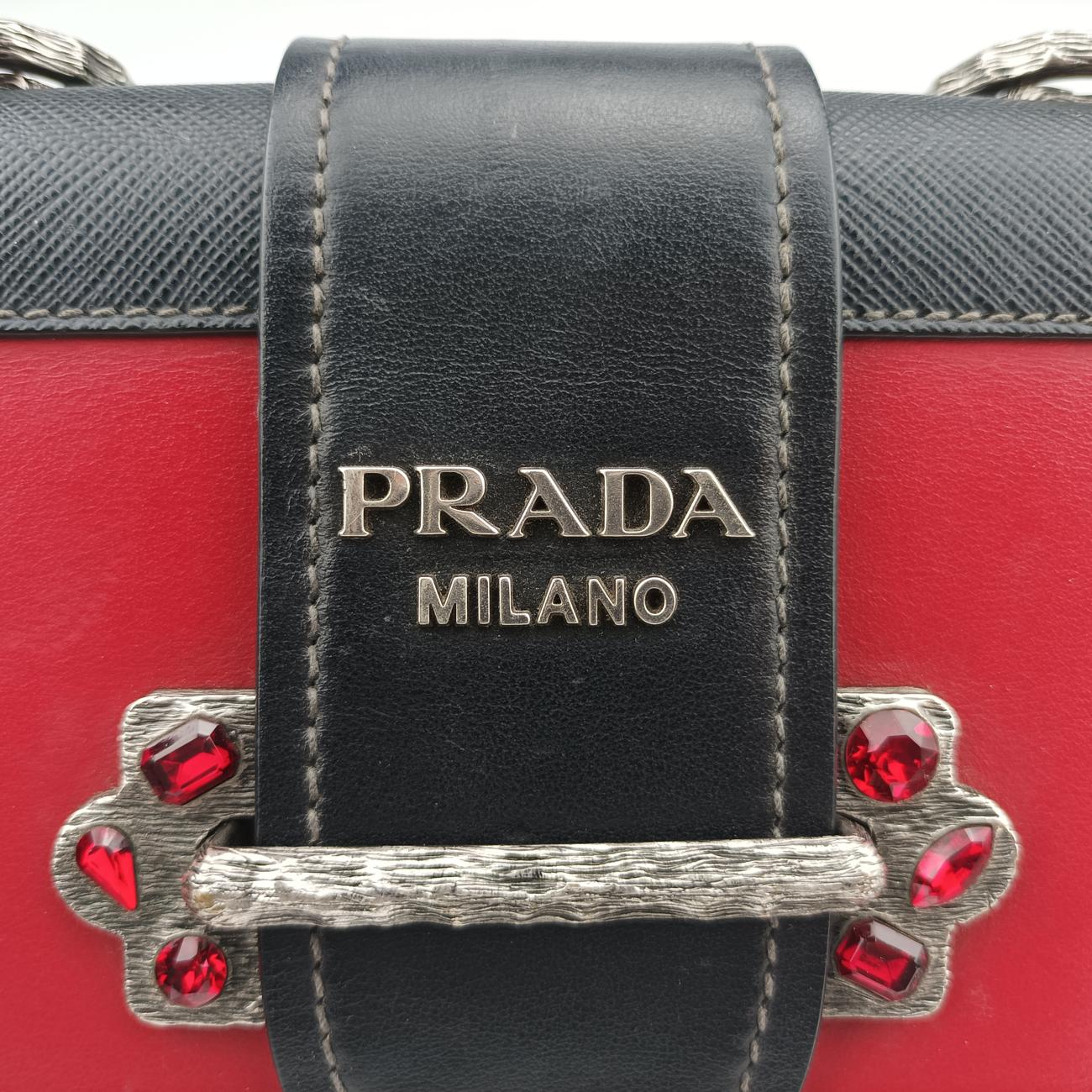 Pre-owned Prada Cahier Red×Black Leather 1BH018 shoulderbag | stylenewstar