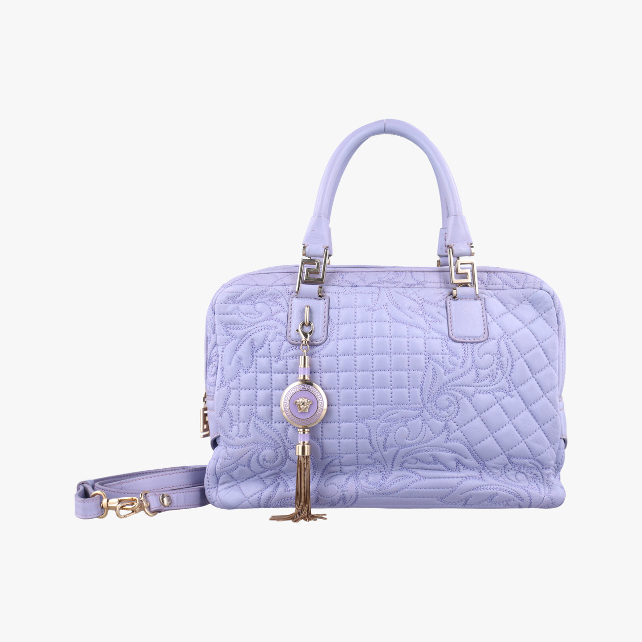 Pre-owned VERSACE Medusa Demetra Vanitas Satchel Purple Leather  shoulderbag | stylenewstar