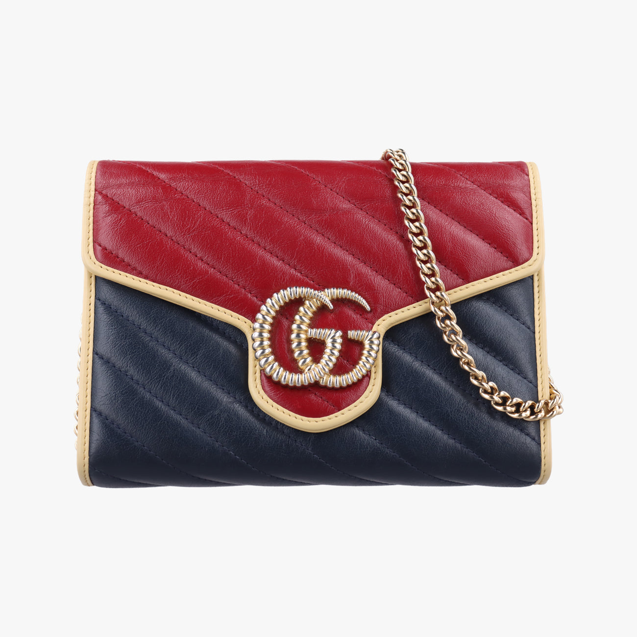Pre-owned Gucci GG Marmont Red x Navy x Light Yellow Leather 573807 shoulderbag | stylenewstar