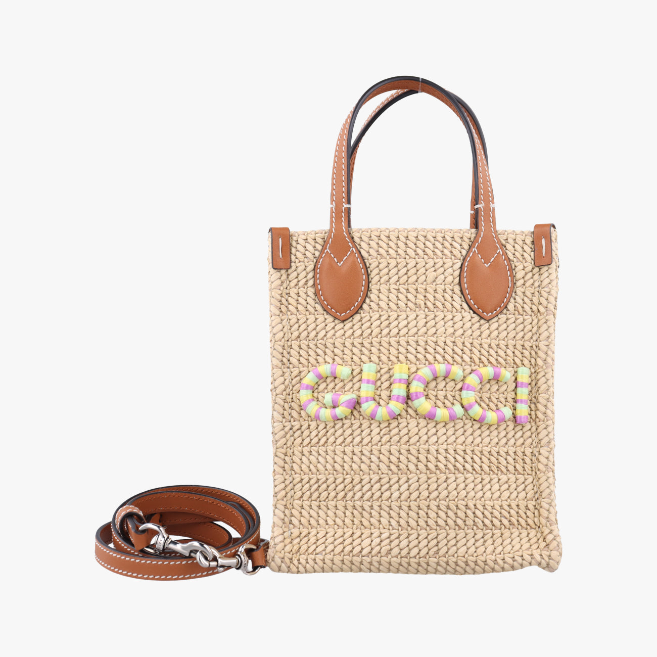 Pre-owned Gucci Super Mini Straw-Effect Brown×beige straw×Leather 780083 shoulderbag | stylenewstar