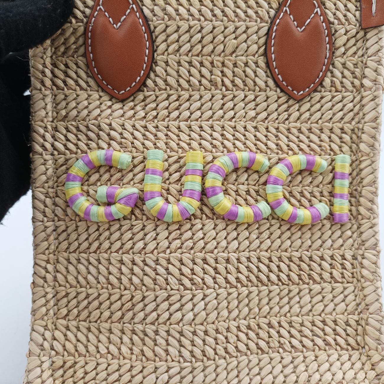 Pre-owned Gucci Super Mini Straw-Effect Brown×beige straw×Leather 780083 shoulderbag | stylenewstar